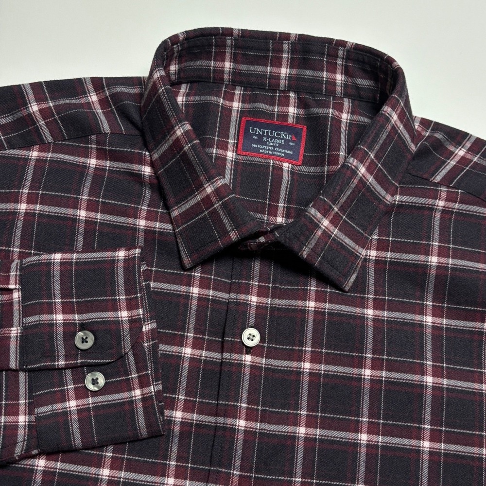 UNTUCKit Benoit Flannel Slim Fit Shirt Mens XL Burgundy Navy Plaid Long Sleeve